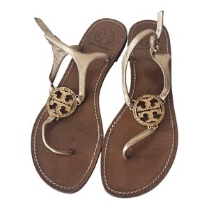 Tory Burch Metallic Gold Leather Sandals Sz 9M Logo Thong  Flats Medallion Women
